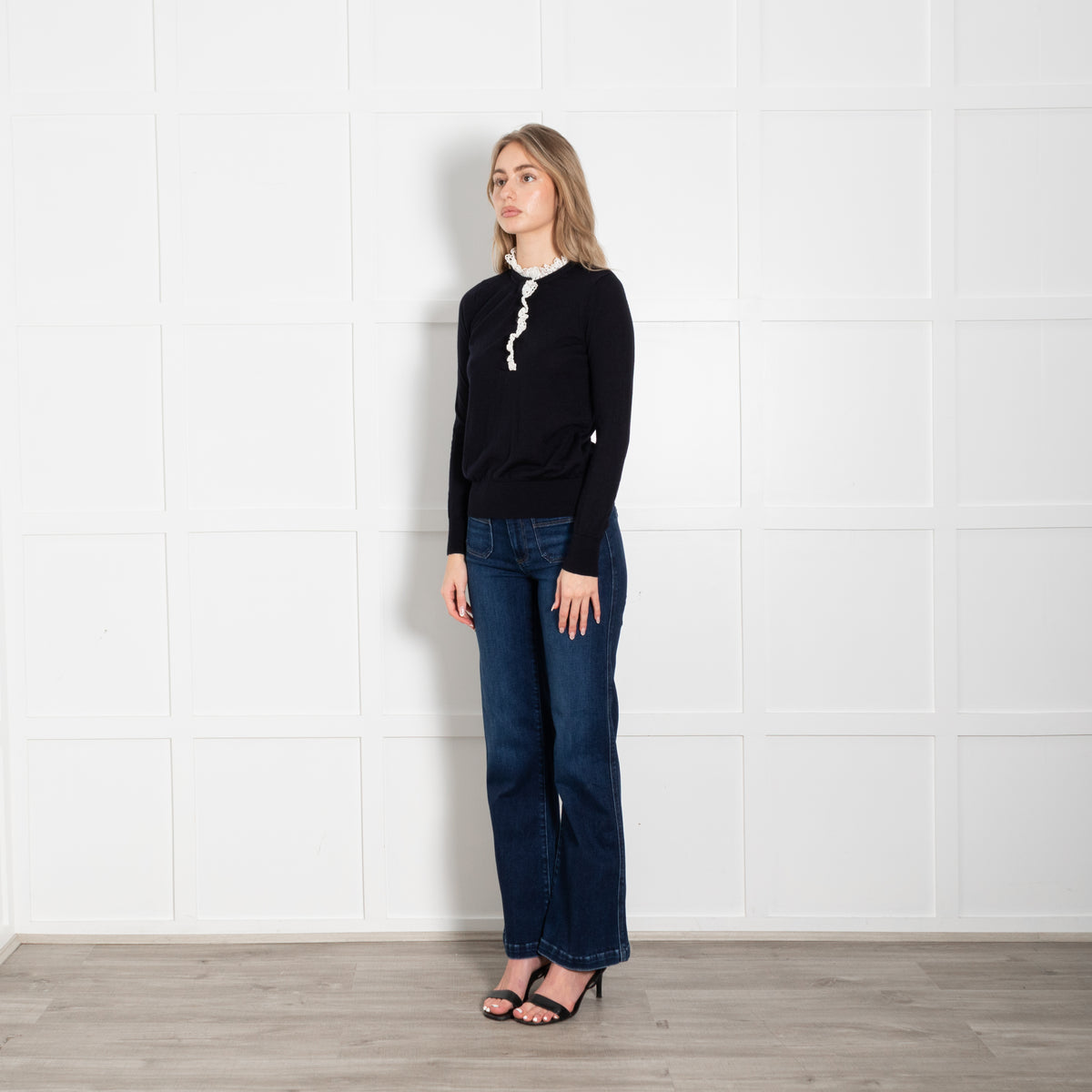 Sandro Navy White Lace Trim Fine Sweater