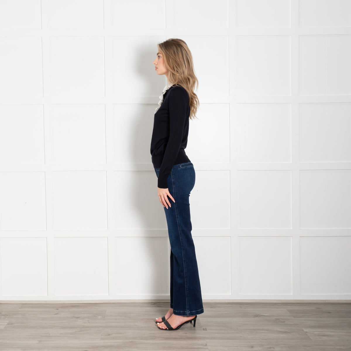 Sandro Navy White Lace Trim Fine Sweater