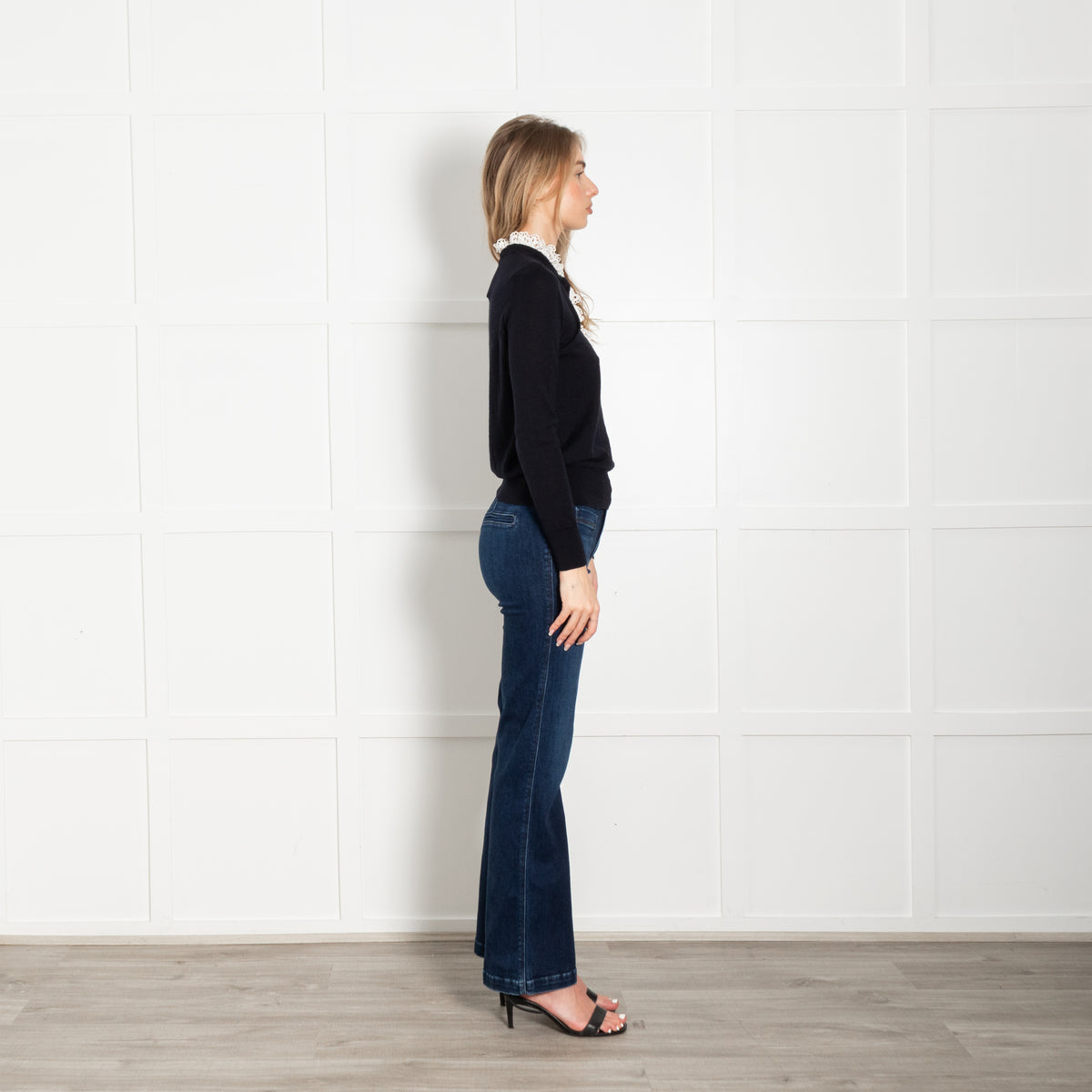 Sandro Navy White Lace Trim Fine Sweater