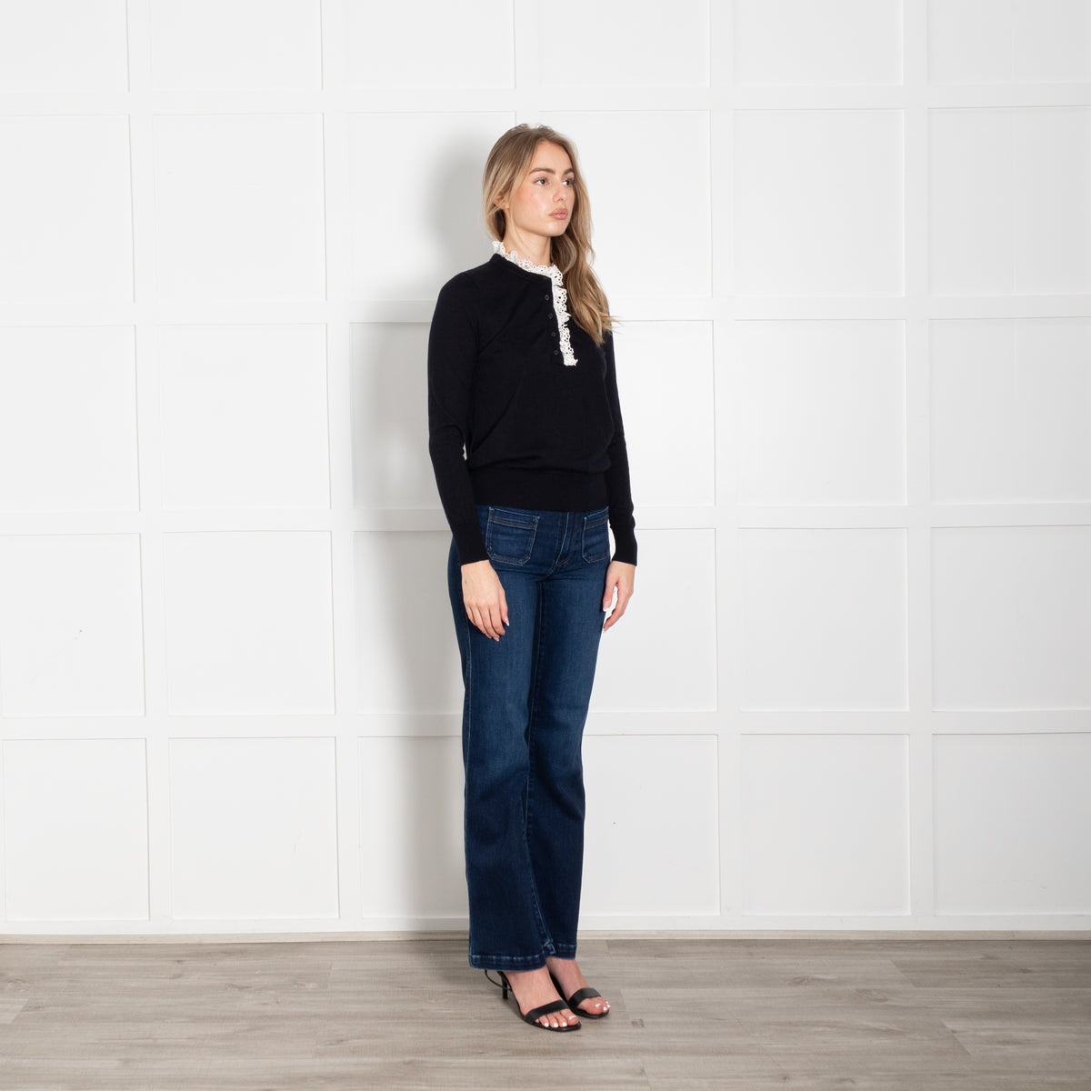 Sandro Navy White Lace Trim Fine Sweater