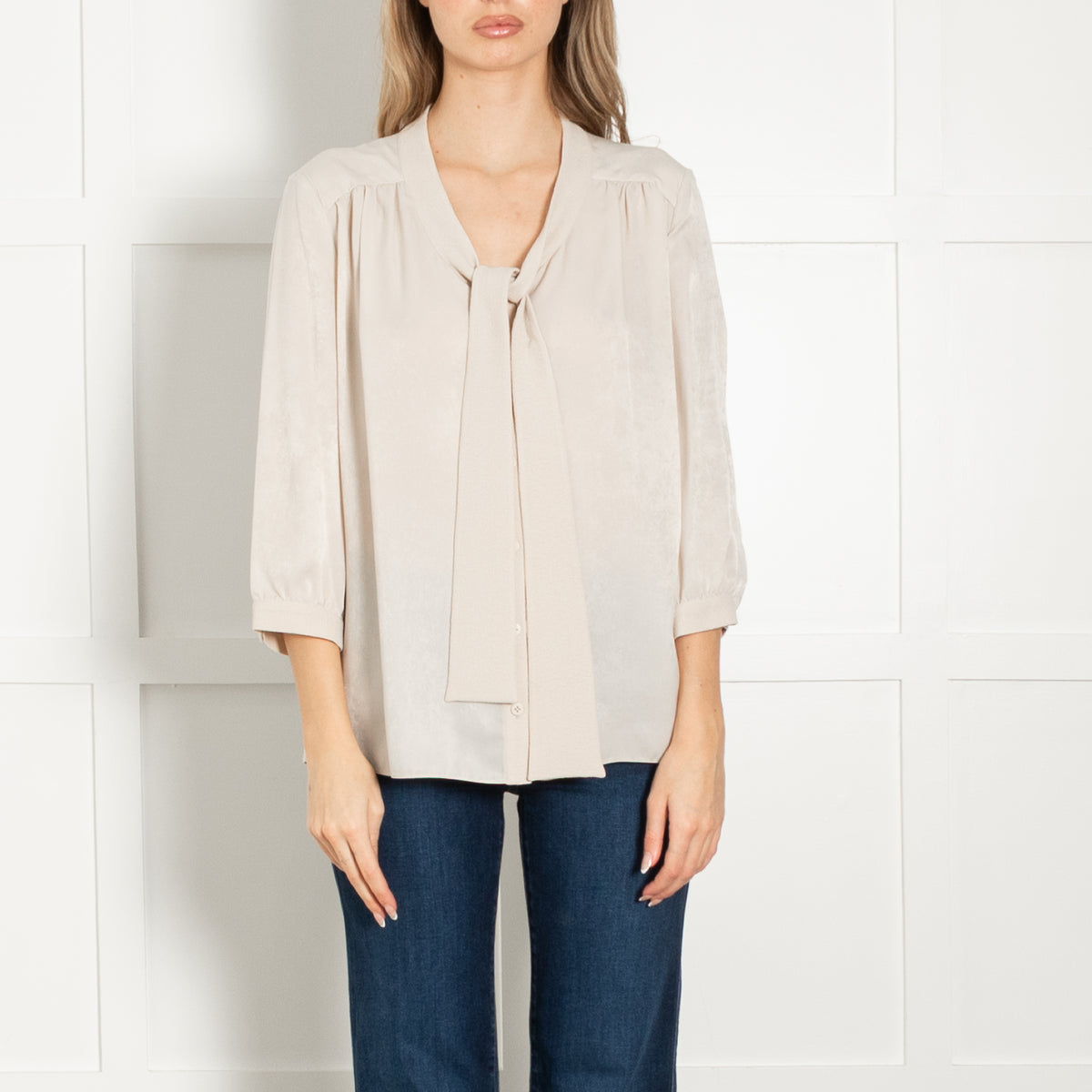 Mulberry Beige Velvet Satin Bow Blouse