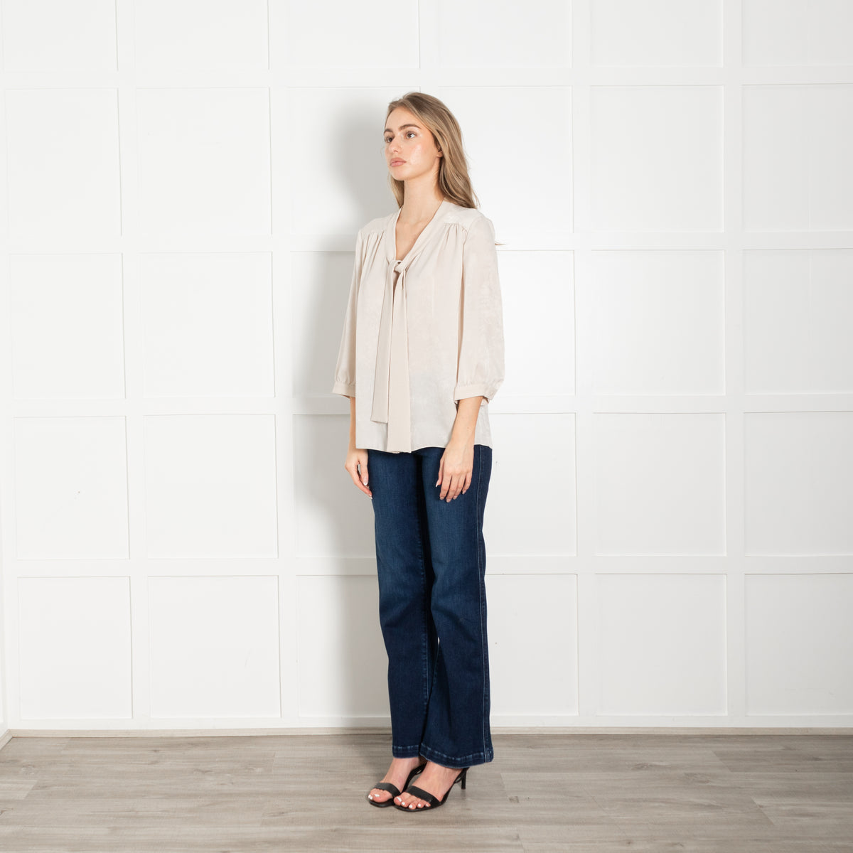 Mulberry Beige Velvet Satin Bow Blouse