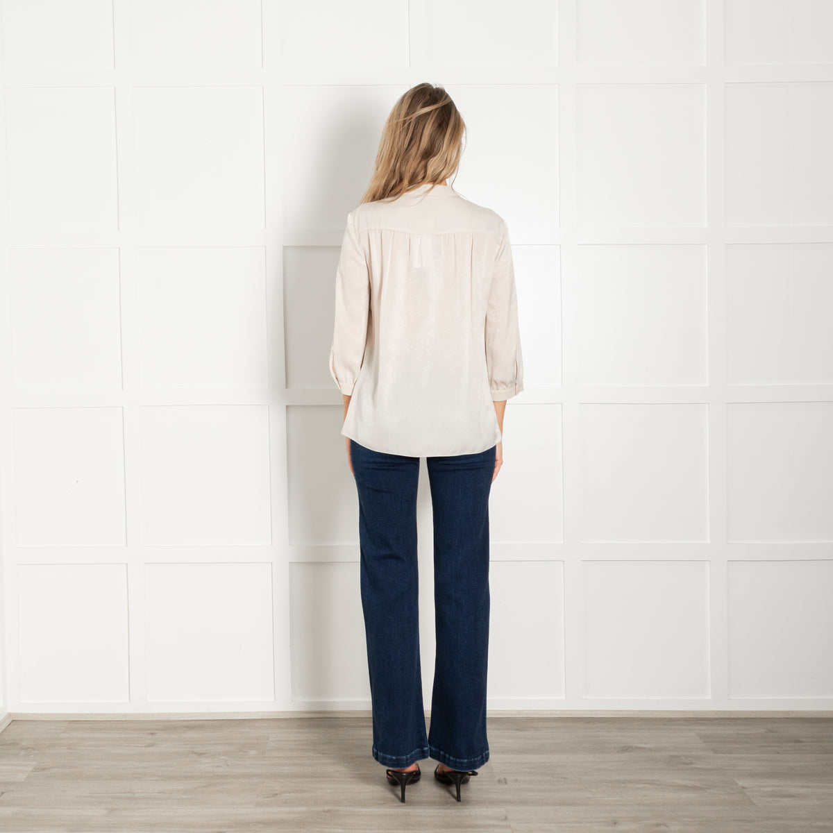 Mulberry Beige Velvet Satin Bow Blouse