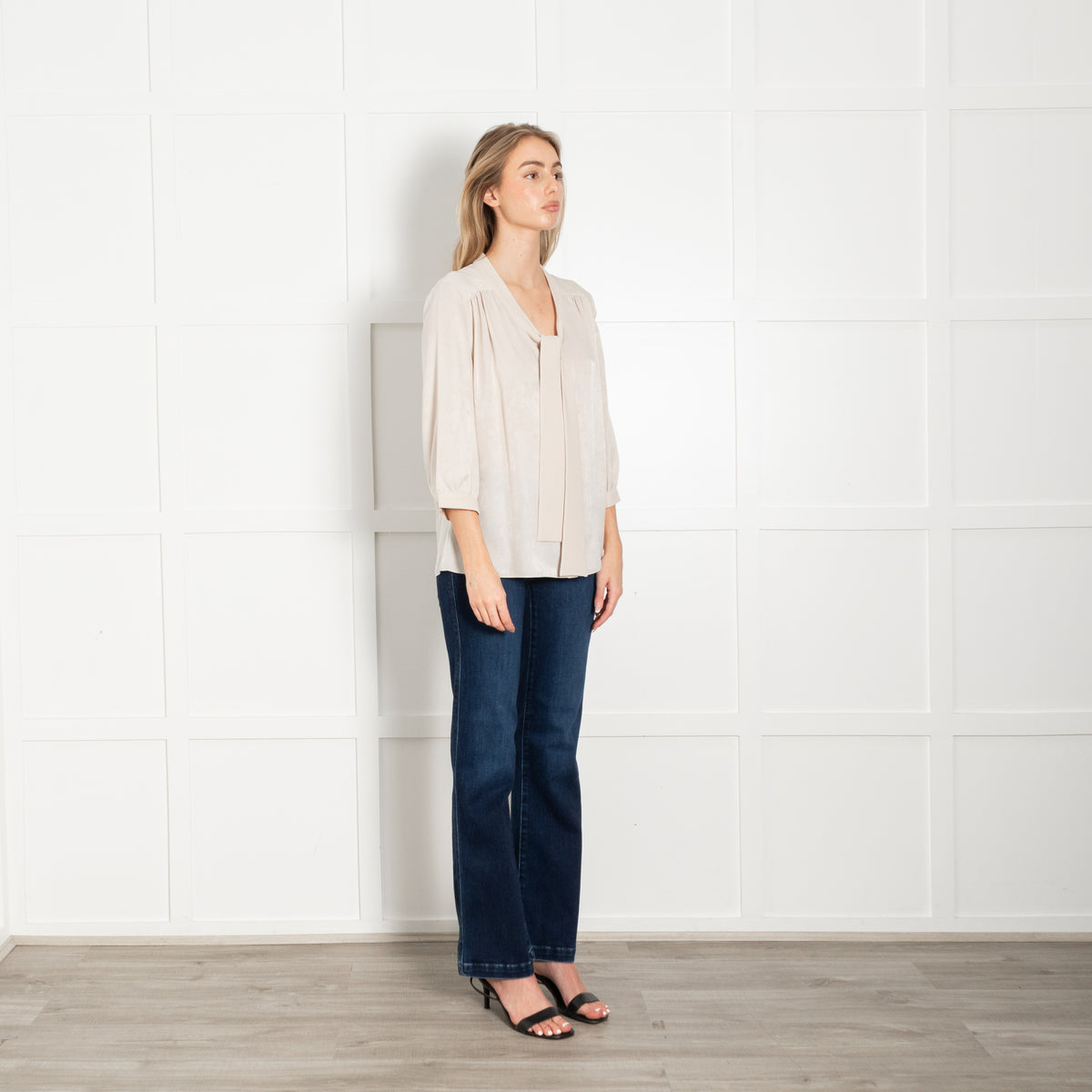 Mulberry Beige Velvet Satin Bow Blouse