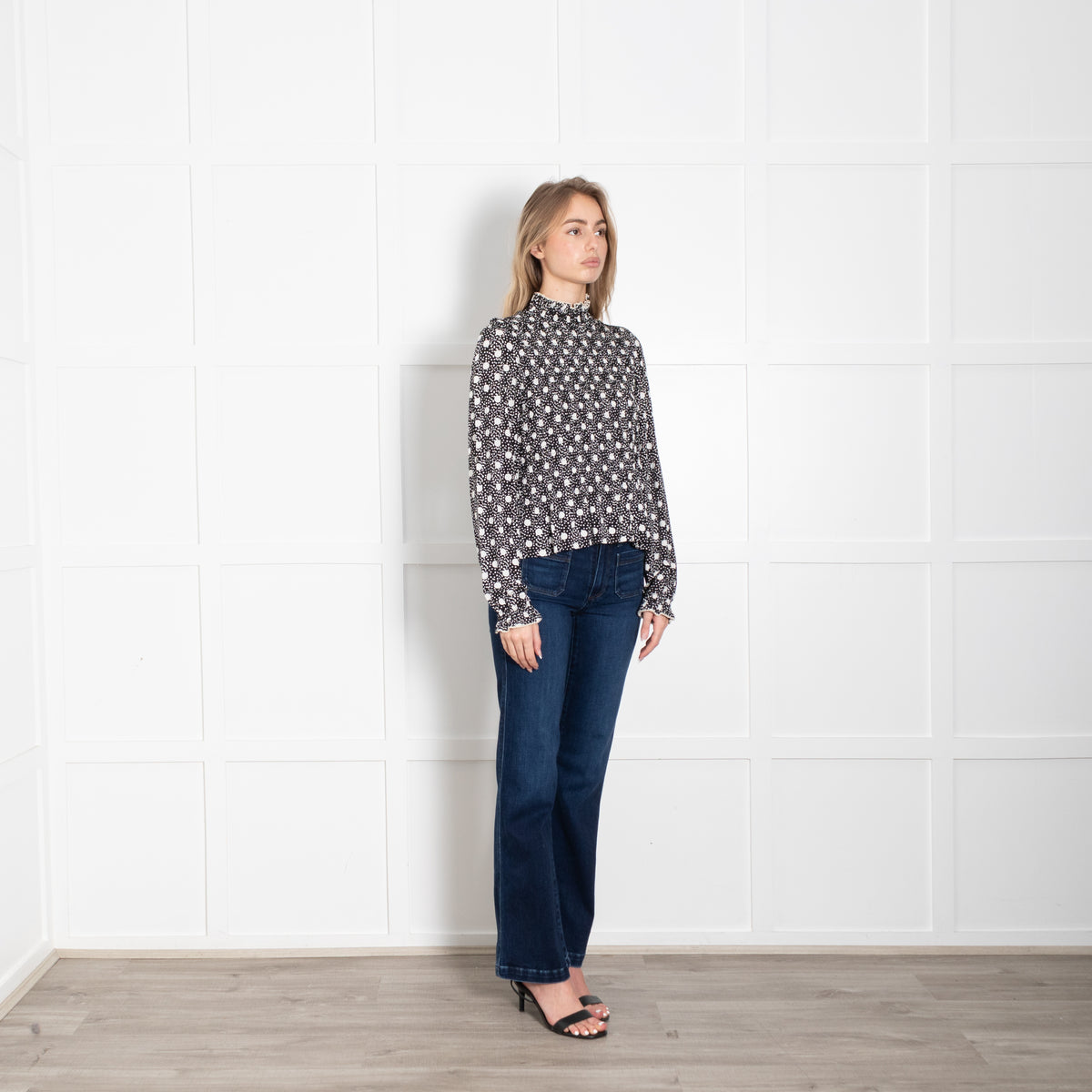 Sandro Black With White Spots Smocked Long Sleeve Top