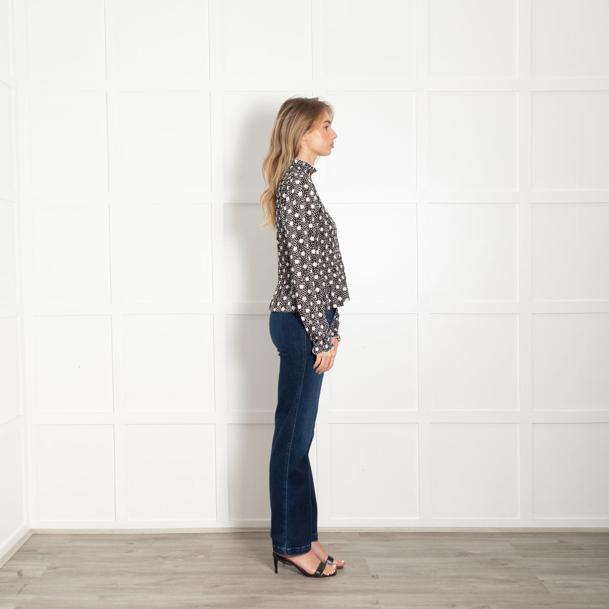 Sandro Black With White Spots Smocked Long Sleeve Top