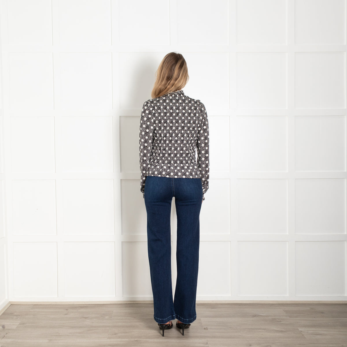 Sandro Black With White Spots Smocked Long Sleeve Top