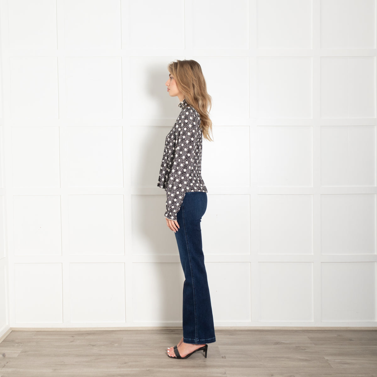 Sandro Black With White Spots Smocked Long Sleeve Top