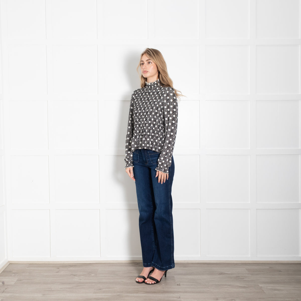 Sandro Black With White Spots Smocked Long Sleeve Top