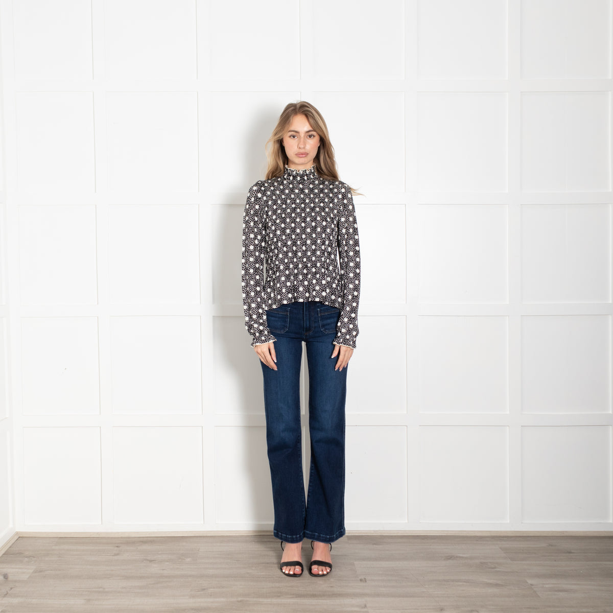 Sandro Black With White Spots Smocked Long Sleeve Top