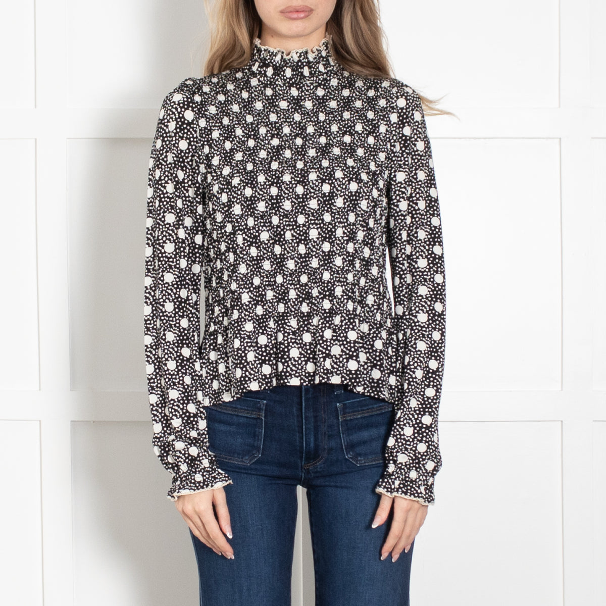 Sandro Black With White Spots Smocked Long Sleeve Top