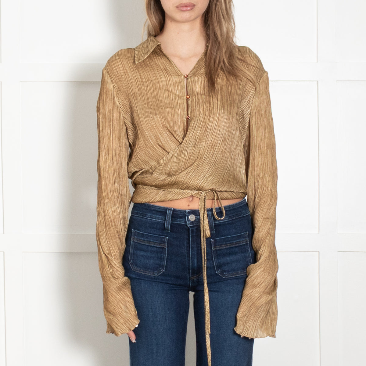 Acne Studios Mustard Teba Crinkled Wrap Over Silk Top