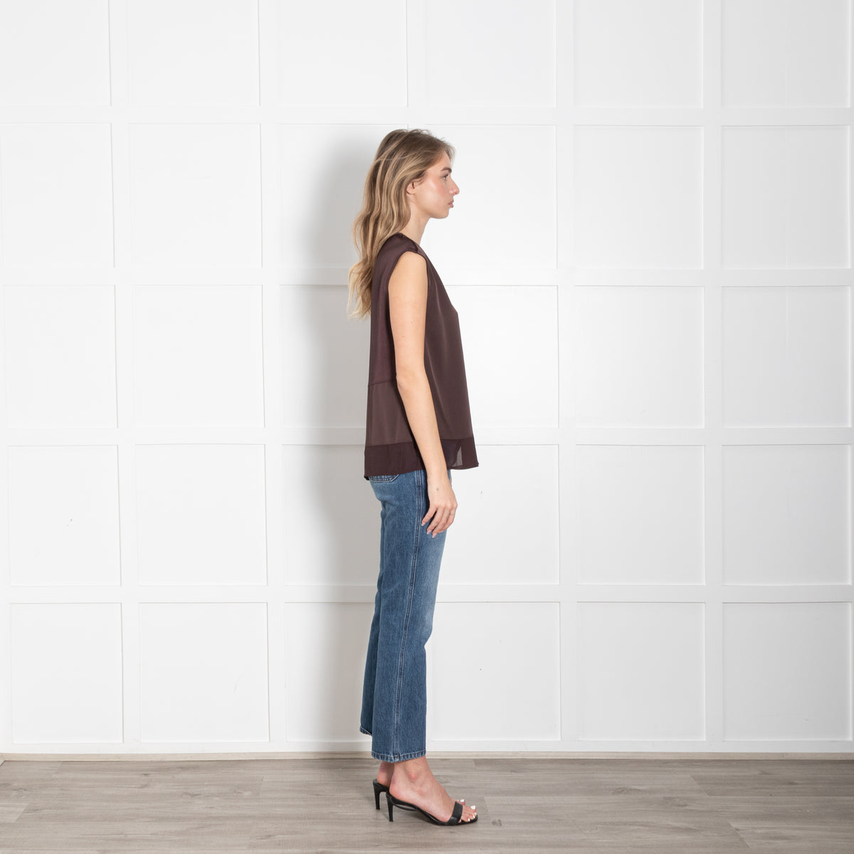 Donna Karan Chocolate Brown Chiffon Trim Sleeveless Top