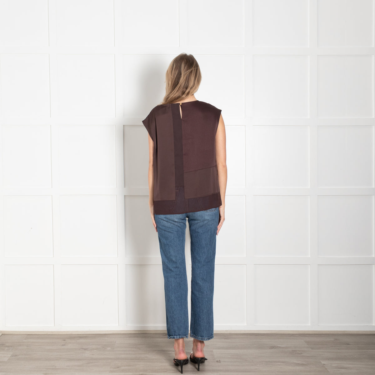 Donna Karan Chocolate Brown Chiffon Trim Sleeveless Top