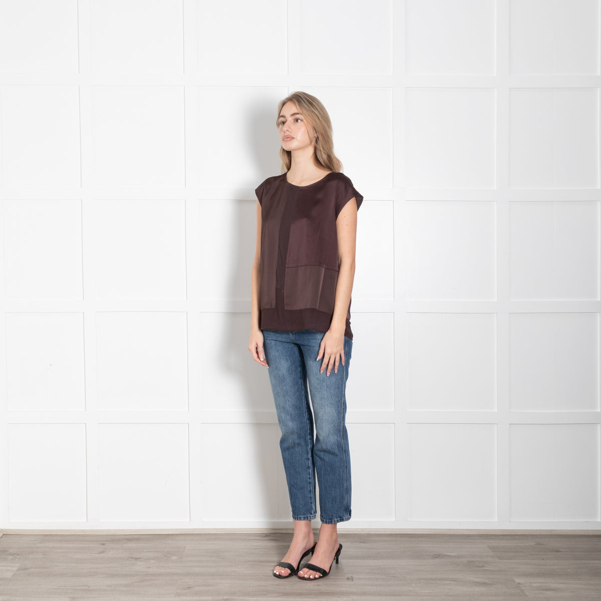 Donna Karan Chocolate Brown Chiffon Trim Sleeveless Top