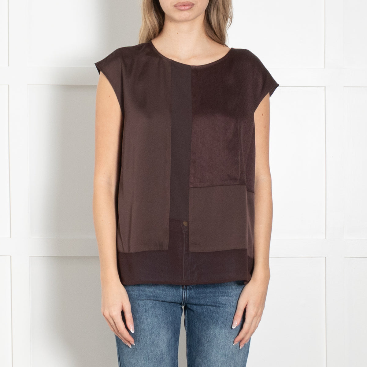 Donna Karan Chocolate Brown Chiffon Trim Sleeveless Top