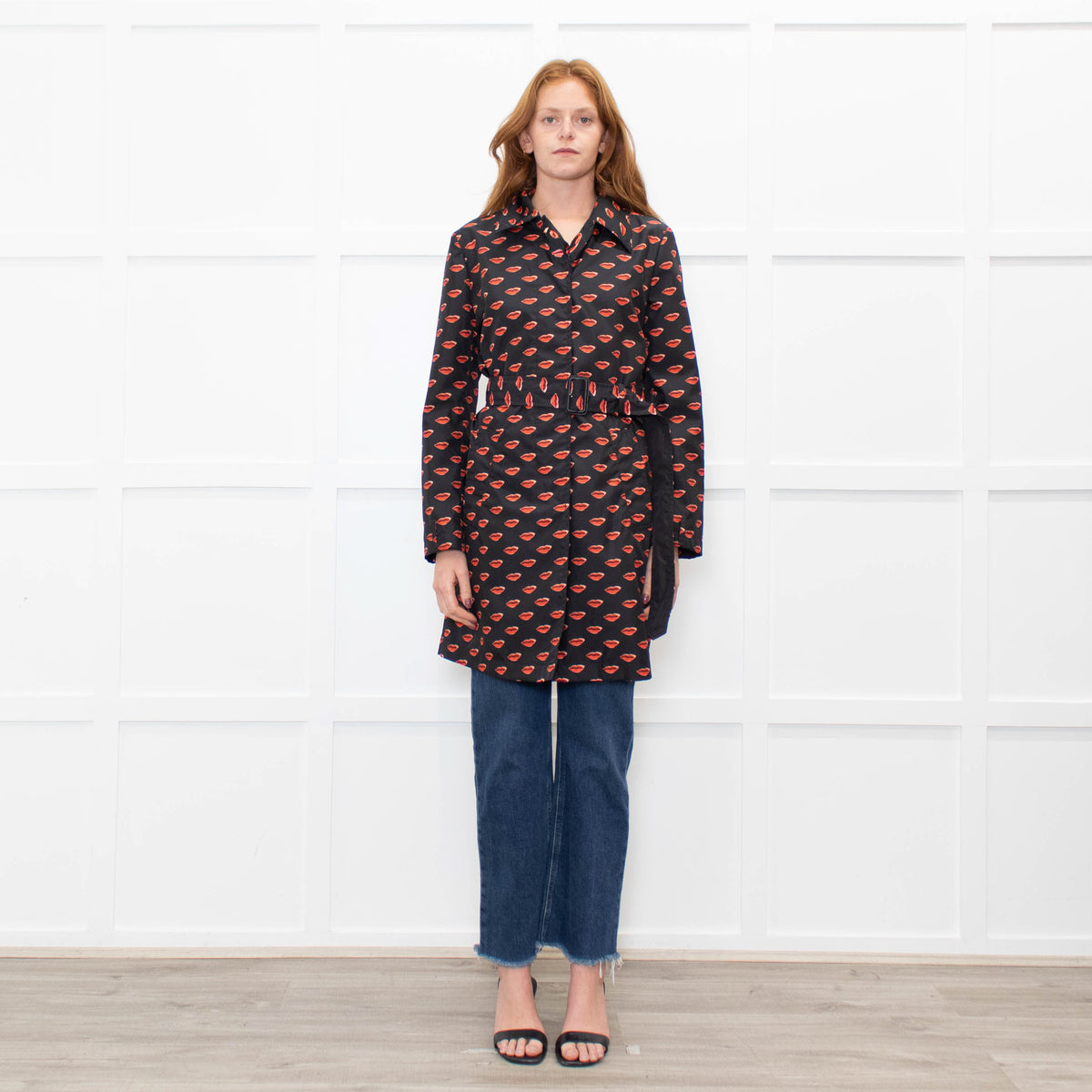 Prada Black Red Lip Print Belted Nylon Trench Coat