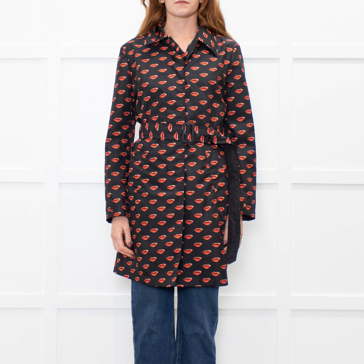 Prada Black Red Lip Print Belted Nylon Trench Coat