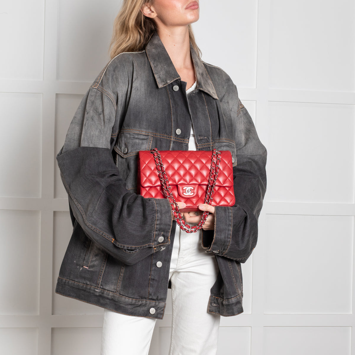 Chanel Red Lambskin Medium Double Flap with Silver Hardware
