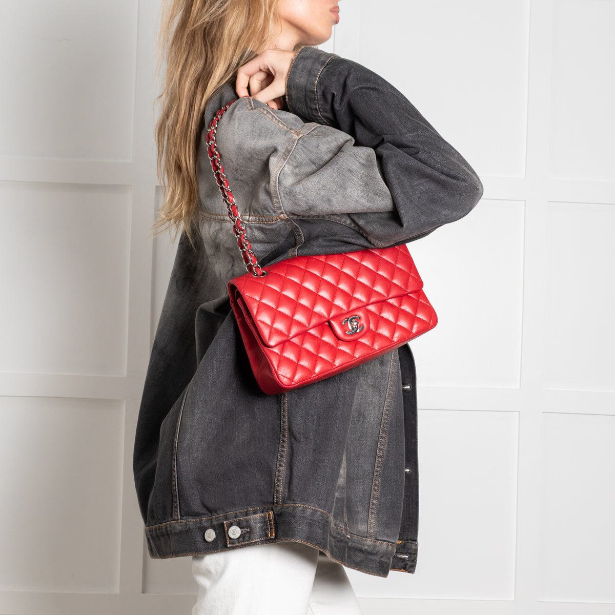Chanel Red Lambskin Medium Double Flap with Silver Hardware
