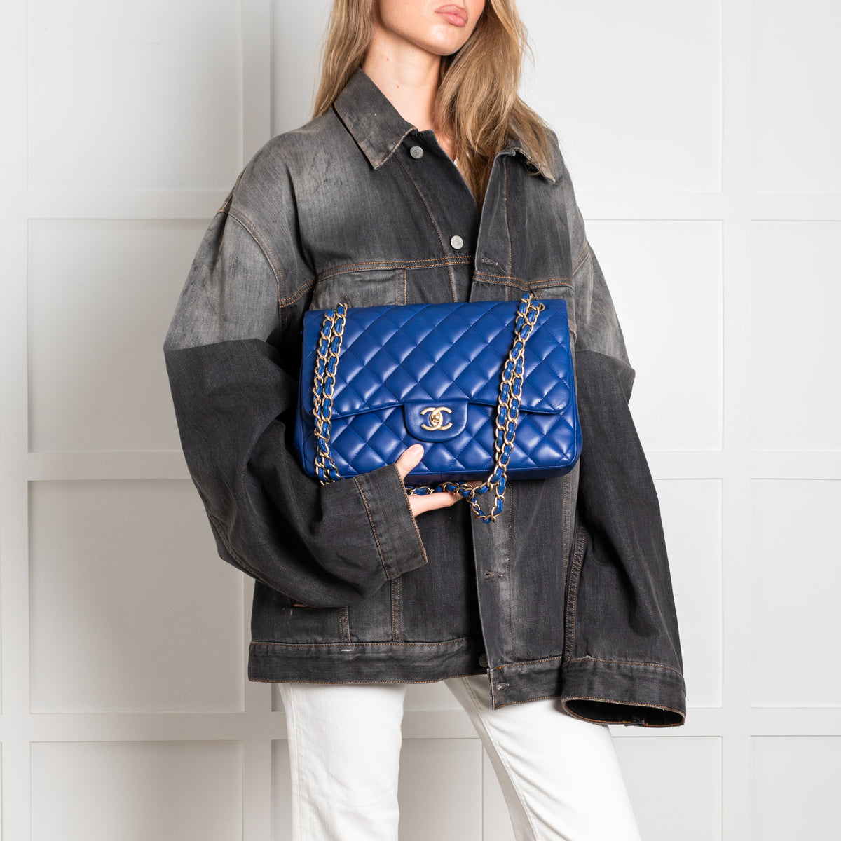 Chanel Royal Blue Matelasse Lambskin Jumbo Double Flap with Brushed Gold Hardware