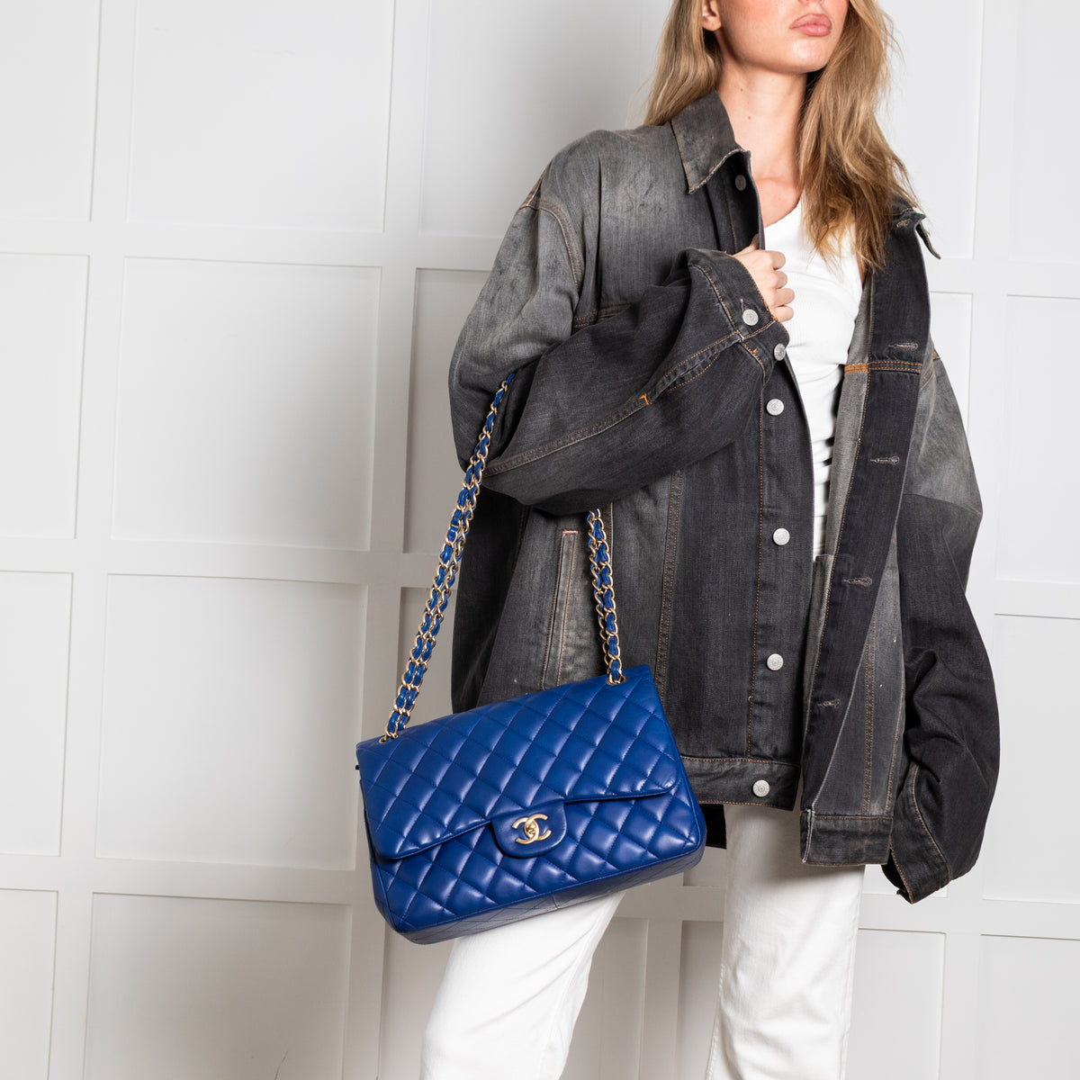 Chanel Royal Blue Matelasse Lambskin Jumbo Double Flap with Brushed Gold Hardware