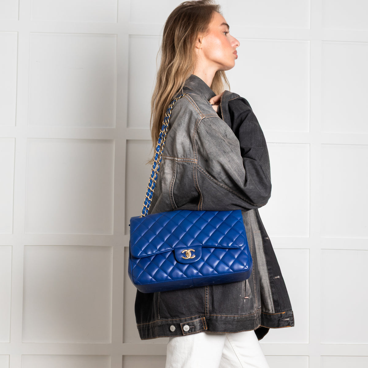 Chanel Royal Blue Matelasse Lambskin Jumbo Double Flap with Brushed Gold Hardware