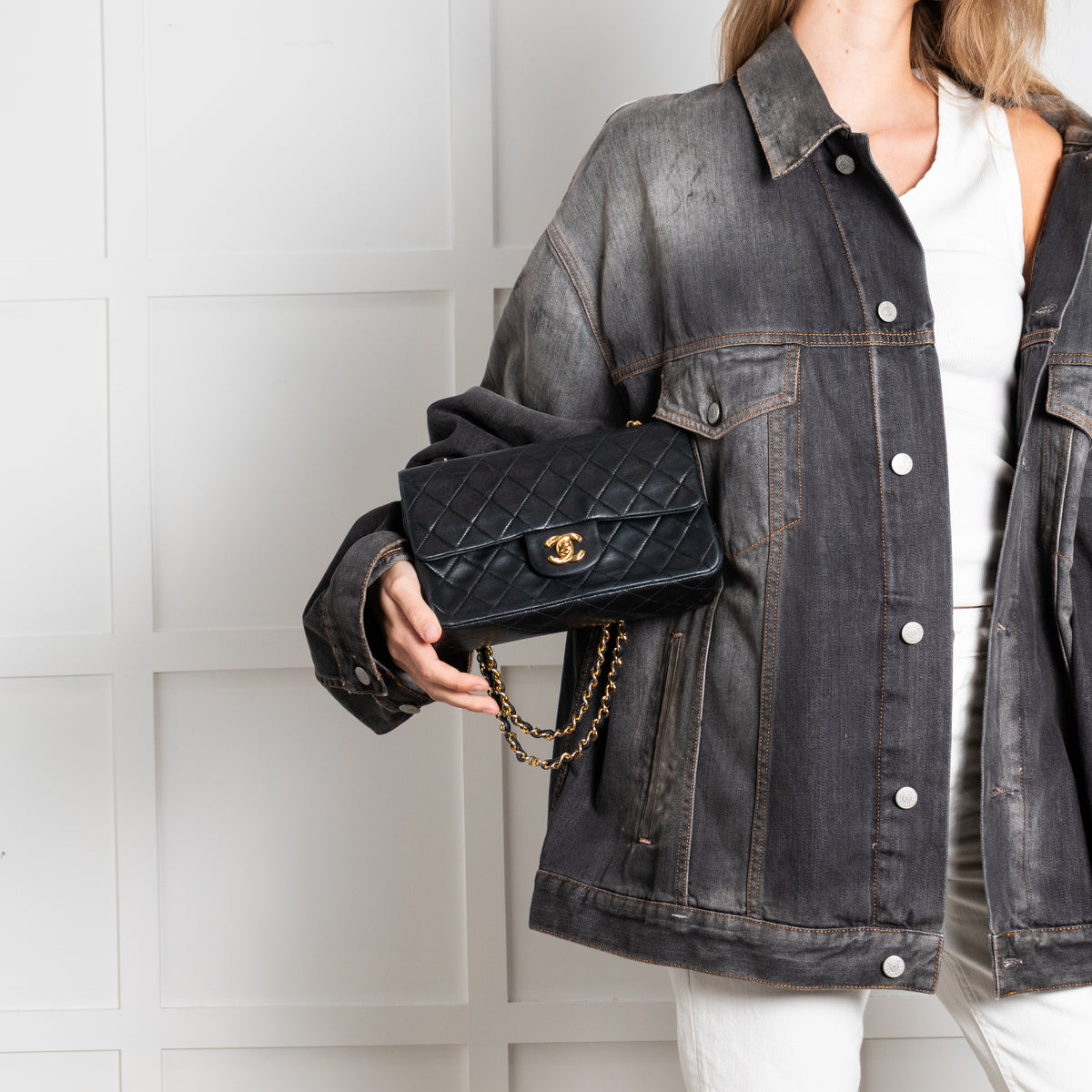 Chanel Vintage Black Lambskin Small Double Flap Bag with Gold Hardware Series 1