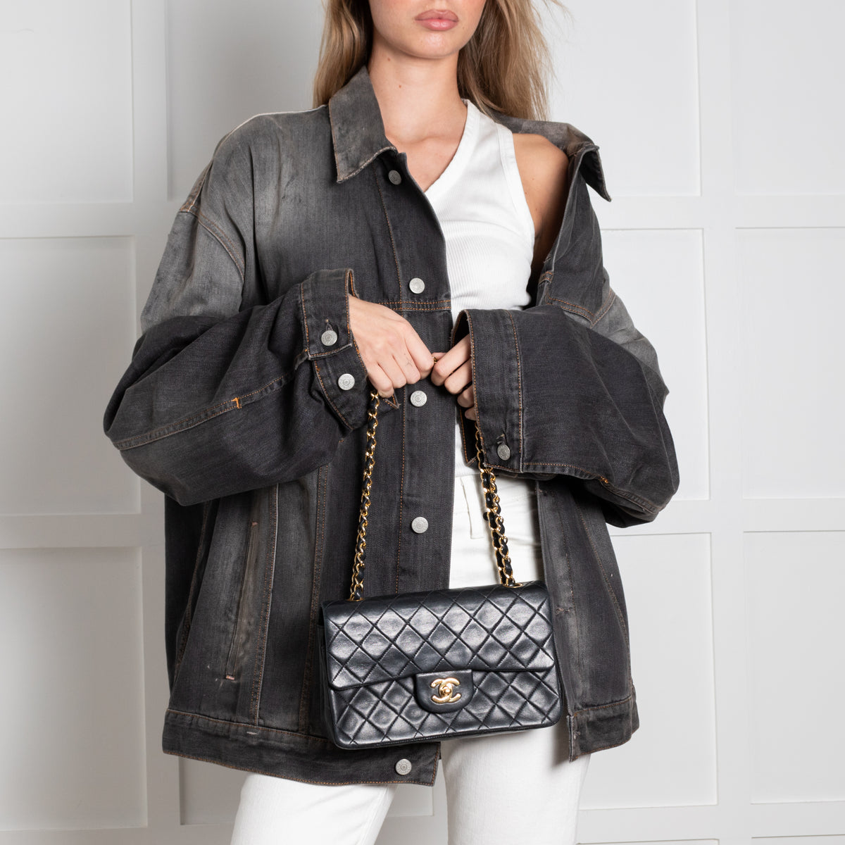 Chanel Vintage Black Lambskin Small Double Flap Bag with Gold Hardware Series 1
