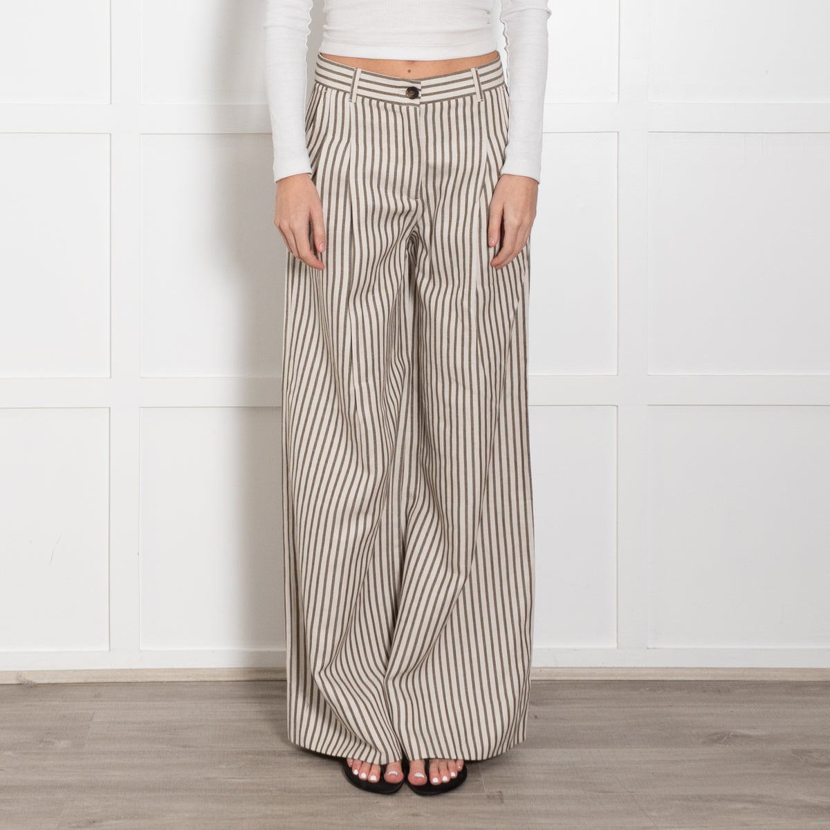 Me + Em Cream Khaki Striped Wide Leg Trousers