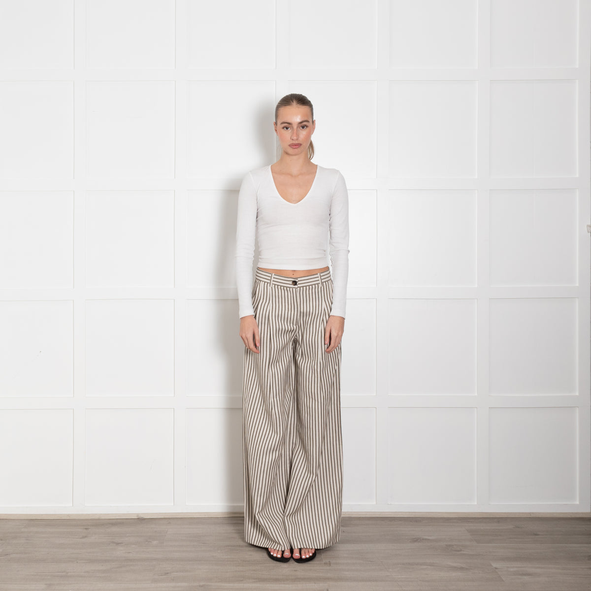 Me + Em Cream Khaki Striped Wide Leg Trousers