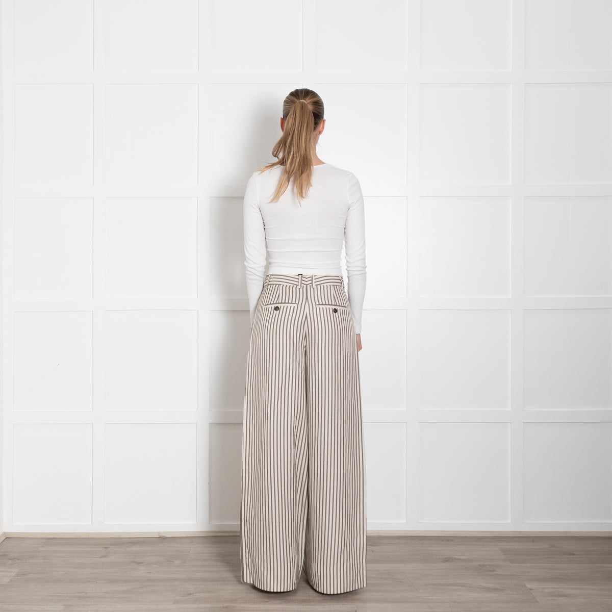 Me + Em Cream Khaki Striped Wide Leg Trousers