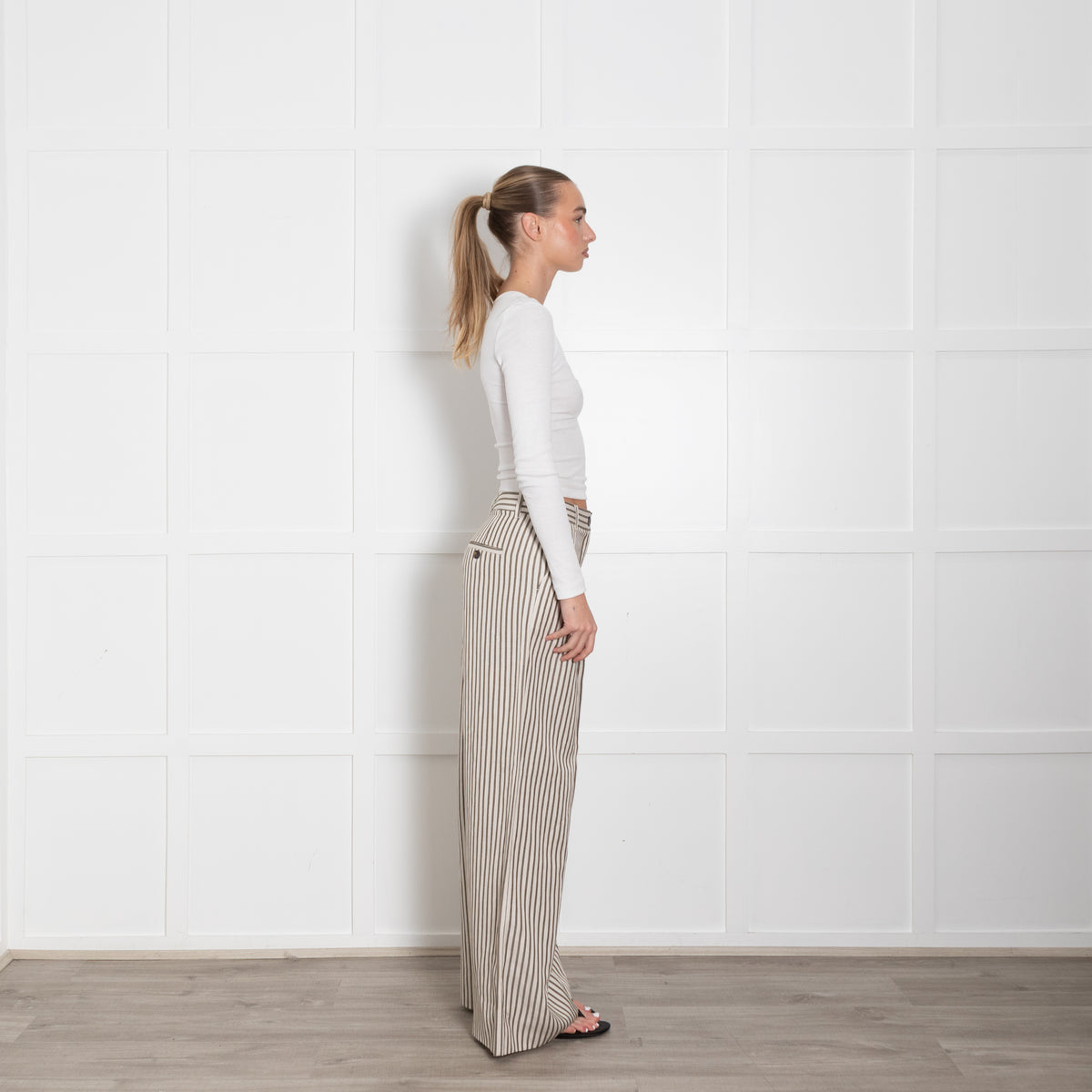 Me + Em Cream Khaki Striped Wide Leg Trousers