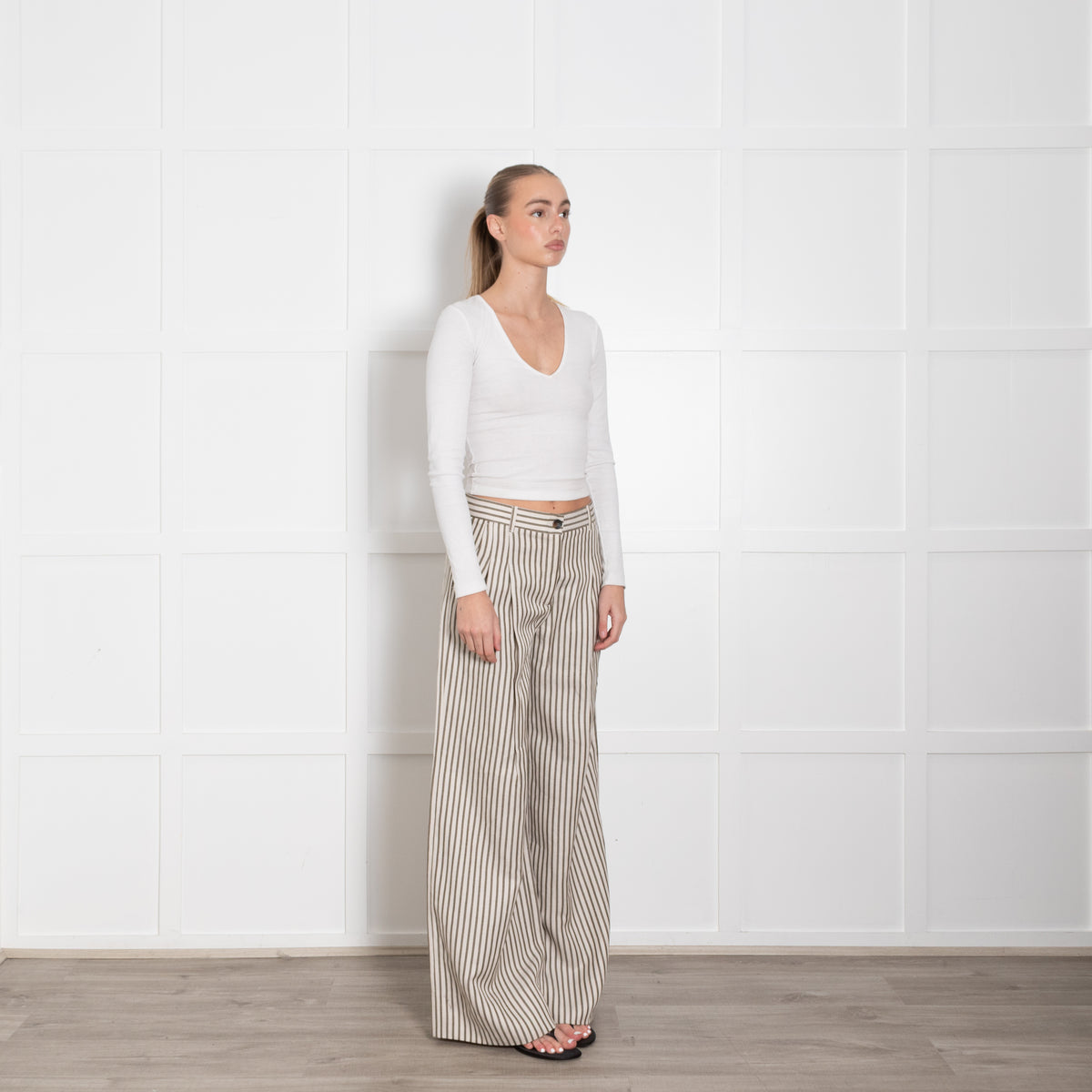 Me + Em Cream Khaki Striped Wide Leg Trousers