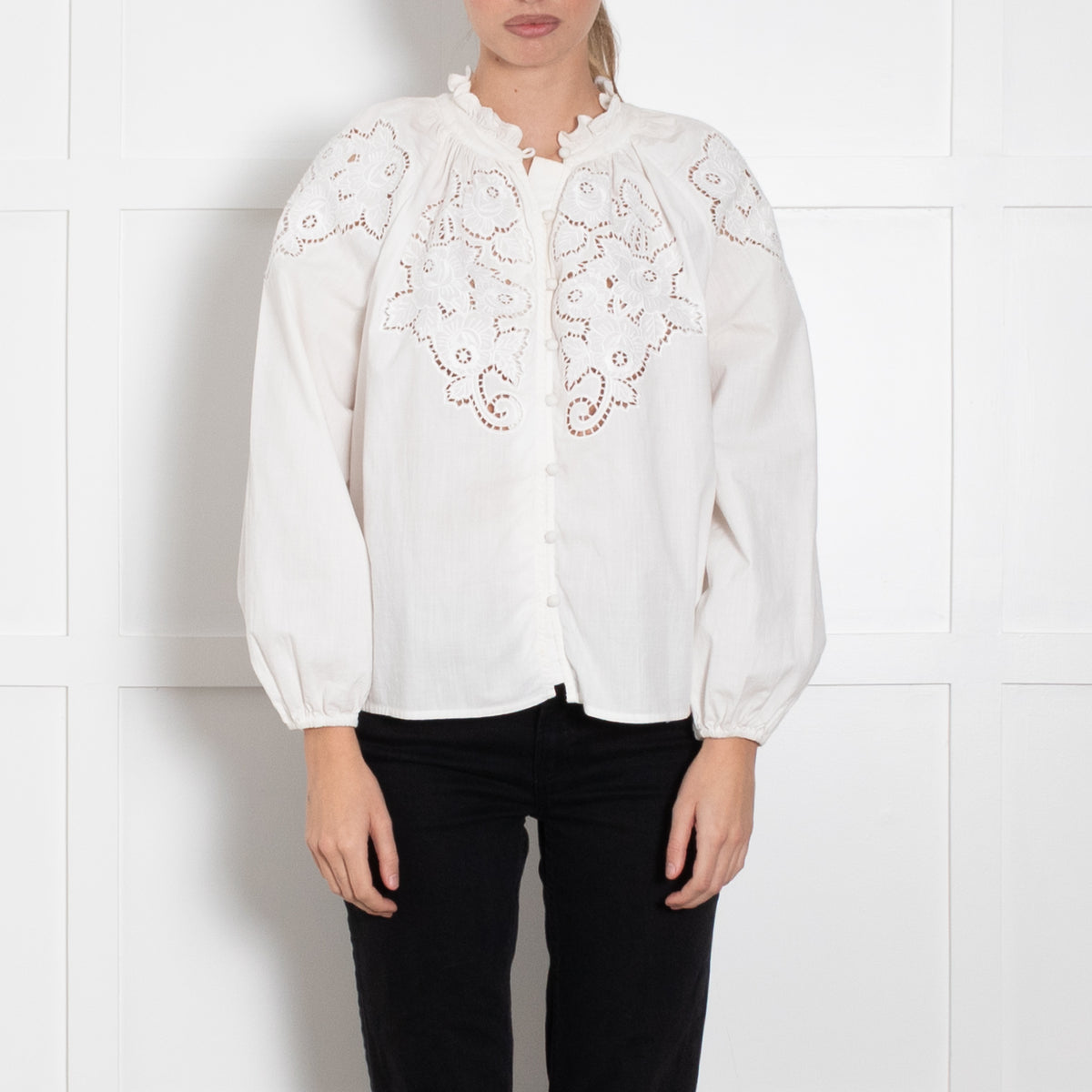 By Malina White Floral Embroidered Front Top