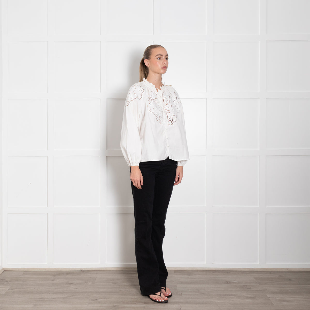 By Malina White Floral Embroidered Front Top