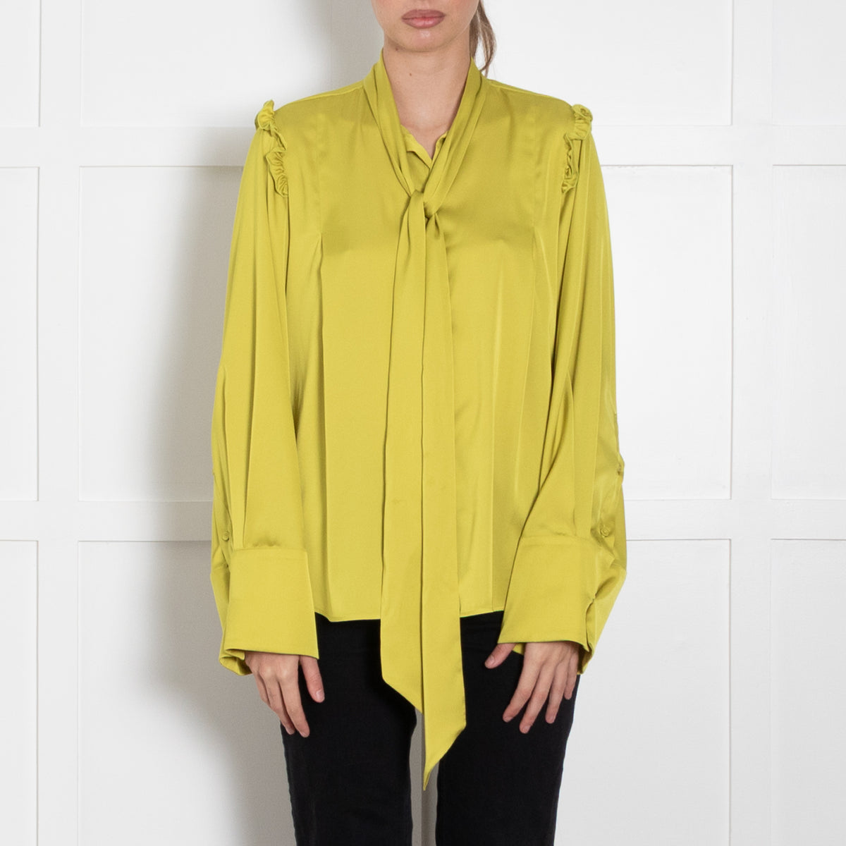 La Double J Lime Green Tie Neck Silk Long Sleeve Blouse