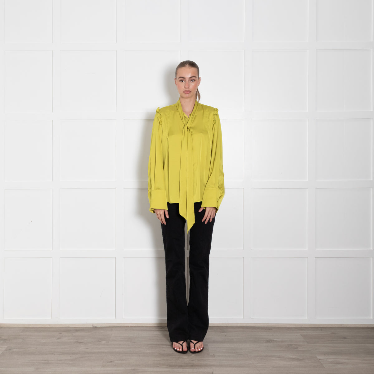 La Double J Lime Green Tie Neck Silk Long Sleeve Blouse