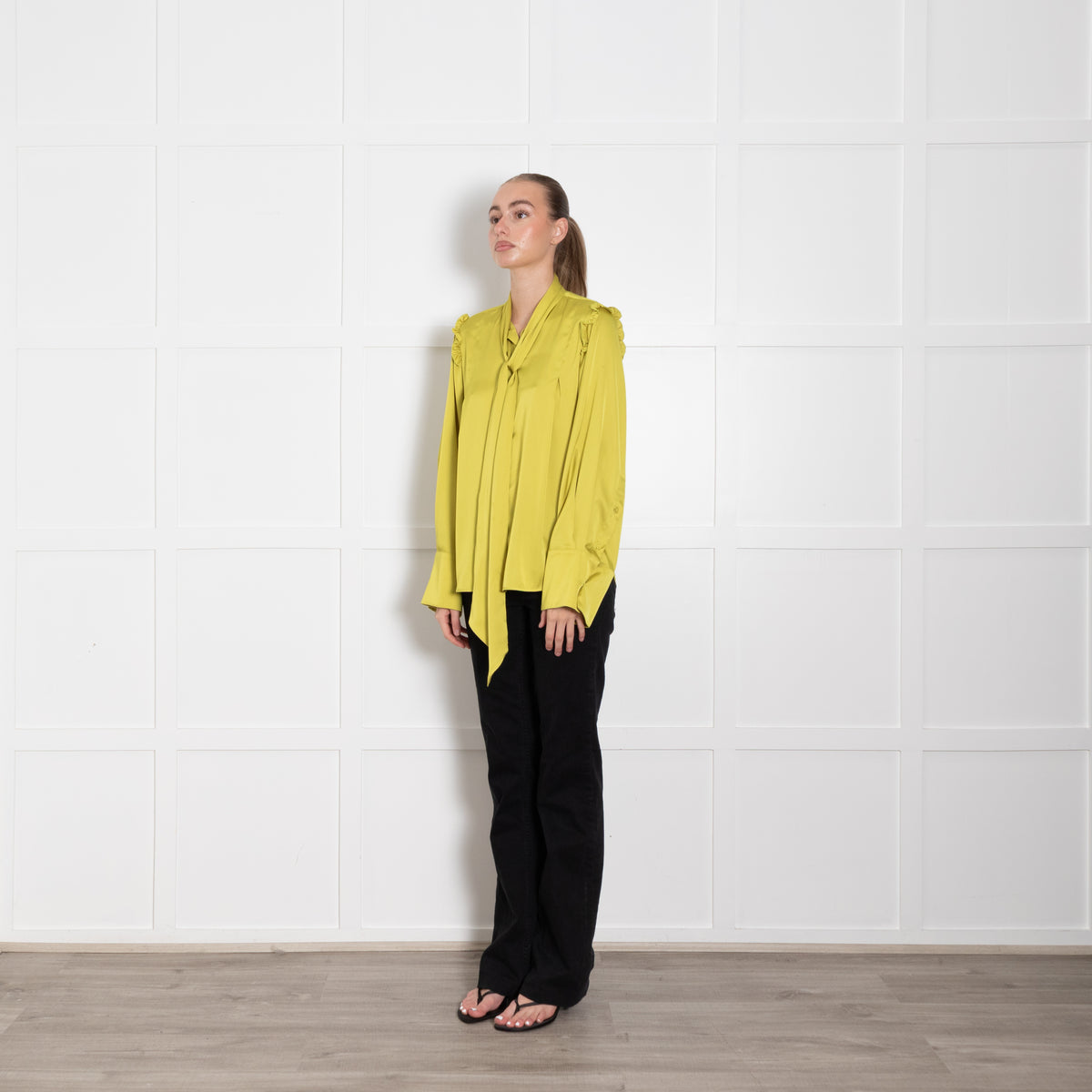 La Double J Lime Green Tie Neck Silk Long Sleeve Blouse