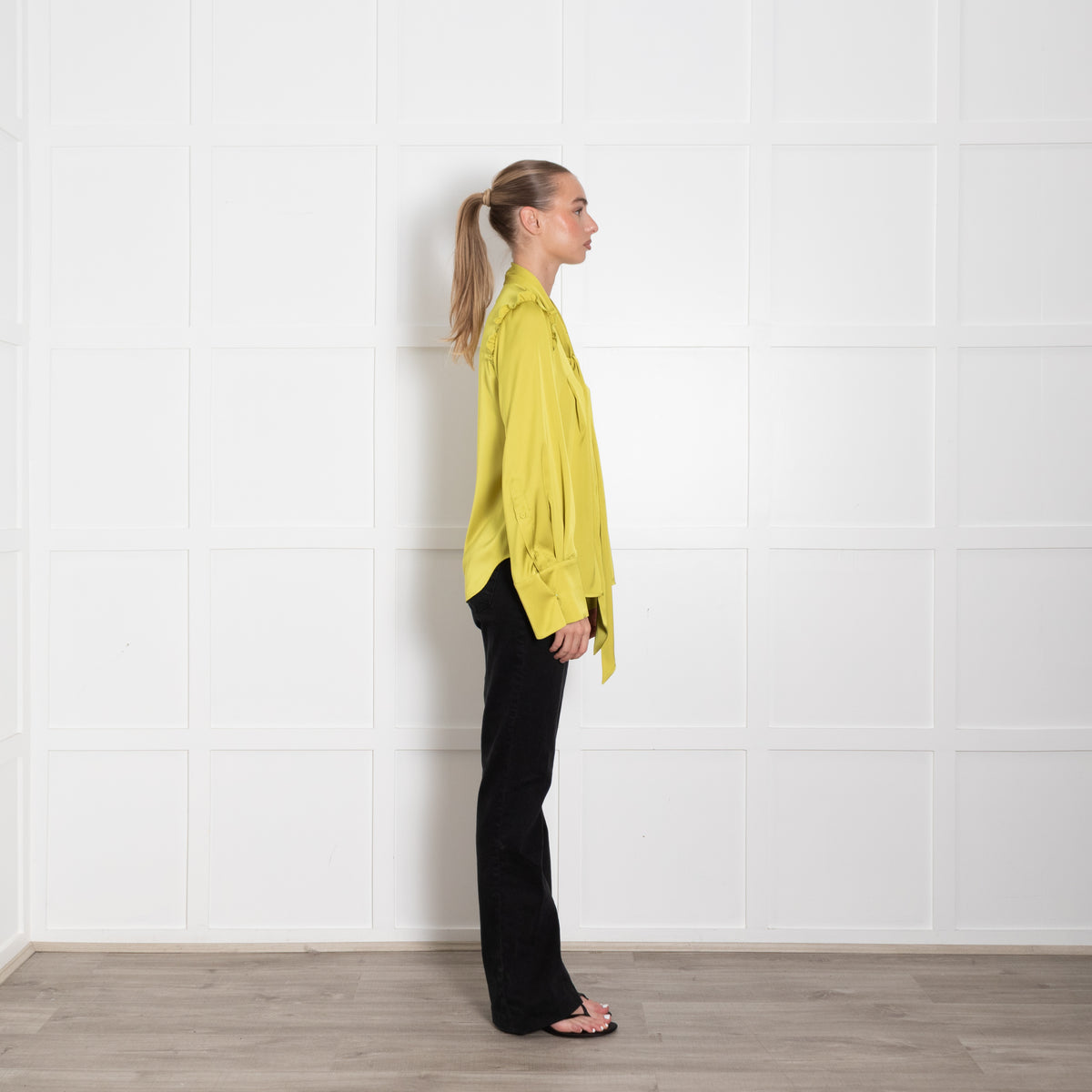 La Double J Lime Green Tie Neck Silk Long Sleeve Blouse