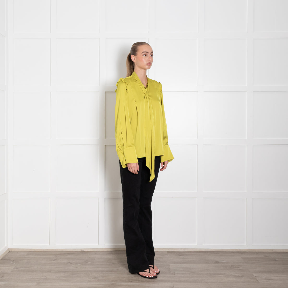 La Double J Lime Green Tie Neck Silk Long Sleeve Blouse