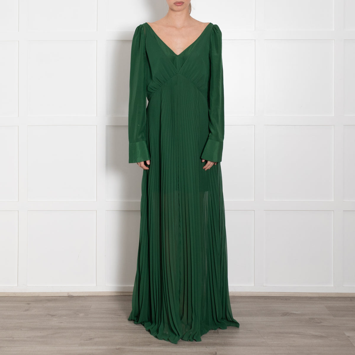 Self-Portrait Green Micro Pleats Maxi Dress