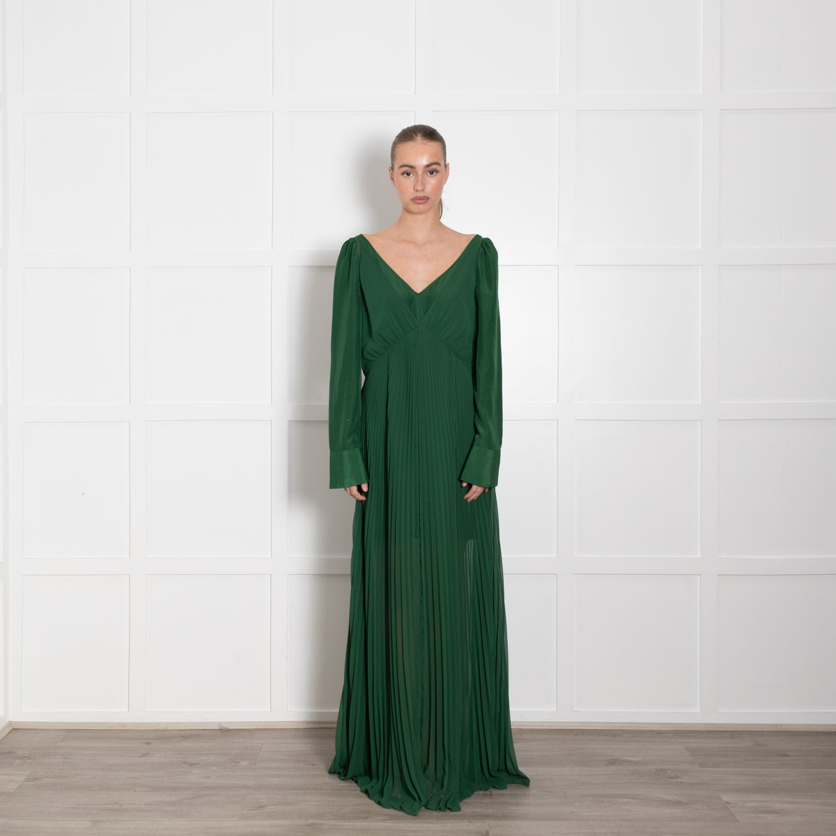 Self-Portrait Green Micro Pleats Maxi Dress