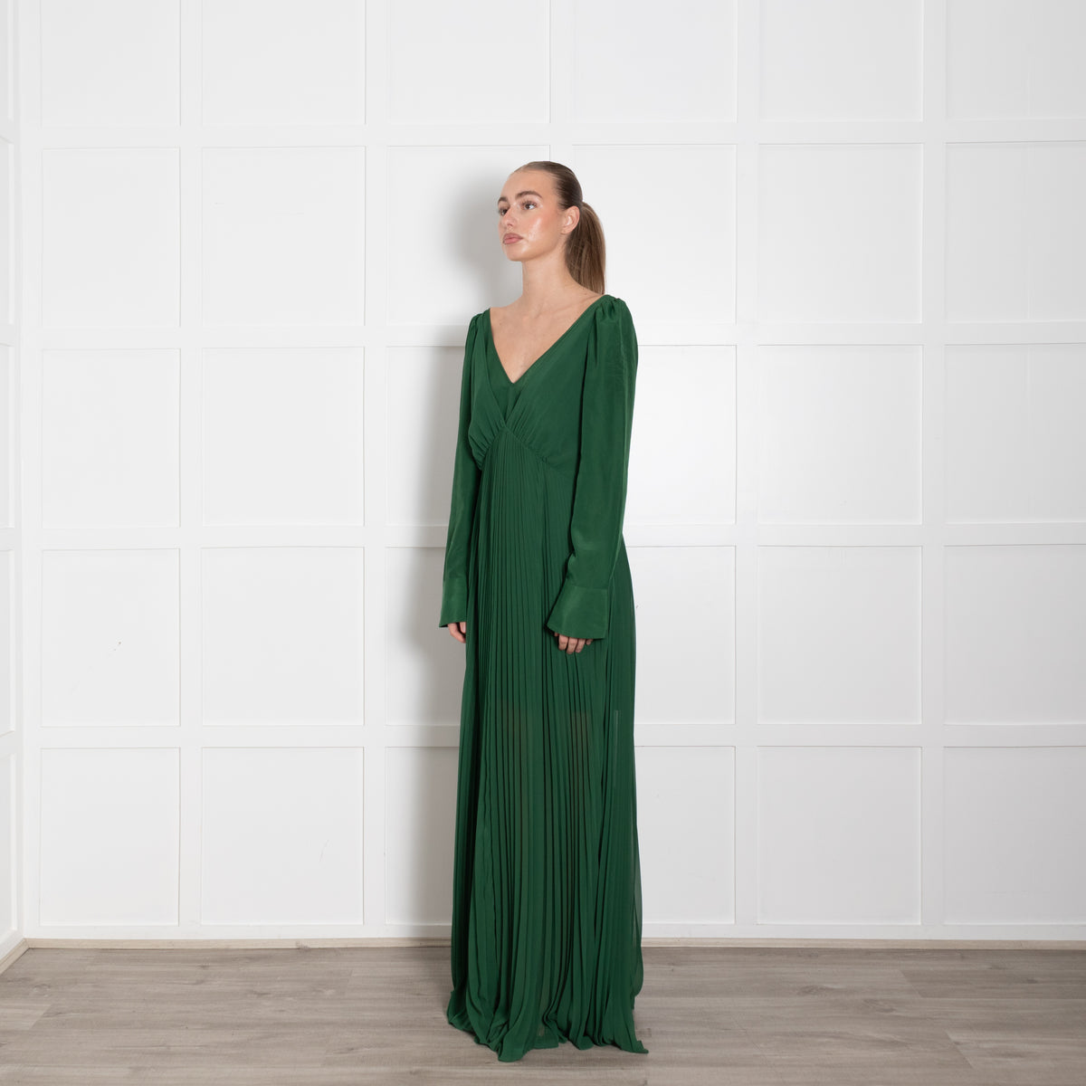 Self-Portrait Green Micro Pleats Maxi Dress