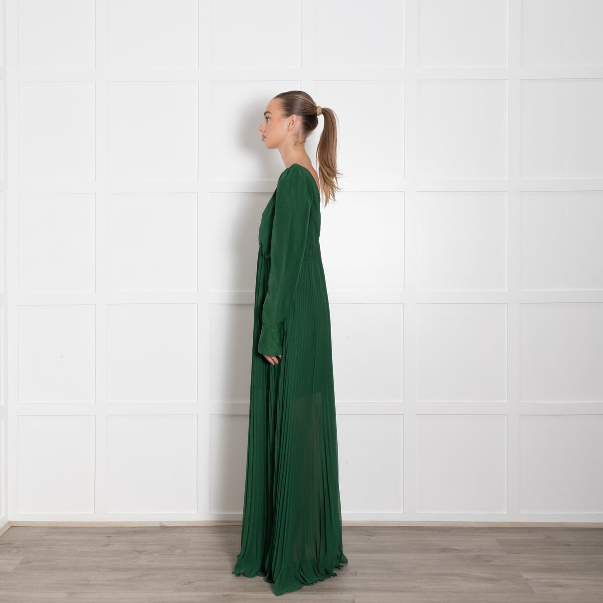 Self-Portrait Green Micro Pleats Maxi Dress