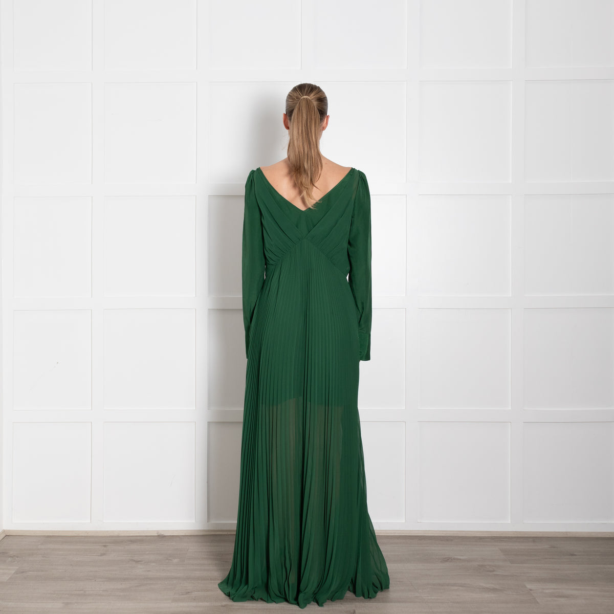 Self-Portrait Green Micro Pleats Maxi Dress