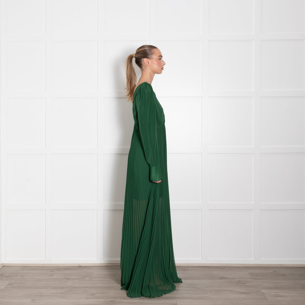 Self-Portrait Green Micro Pleats Maxi Dress