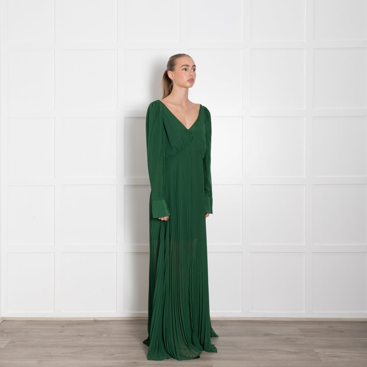 Self-Portrait Green Micro Pleats Maxi Dress