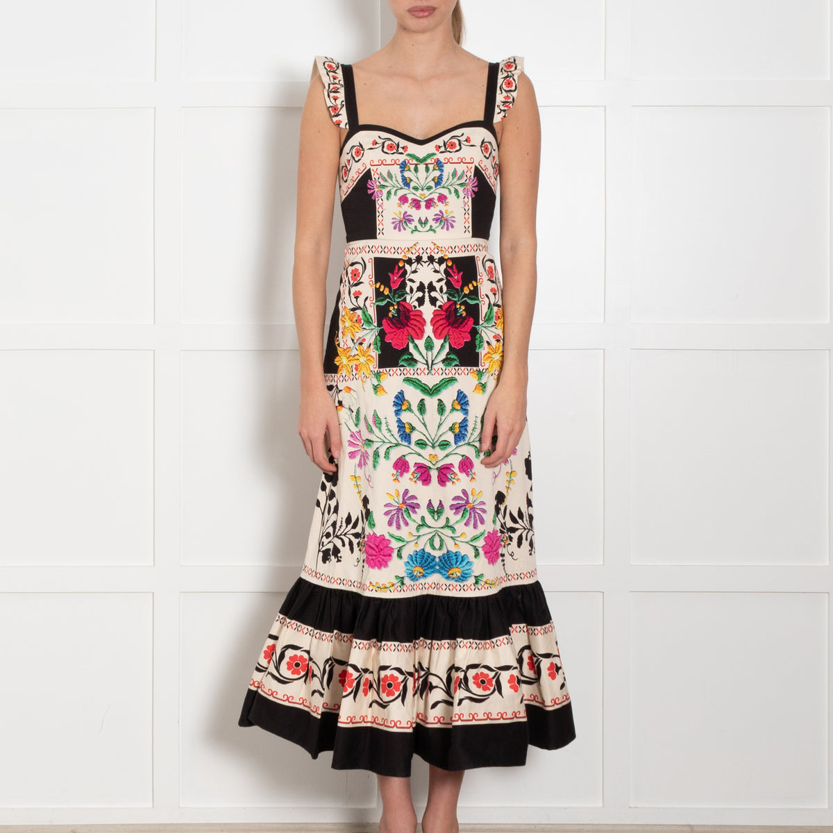 La Double J Cream Black Multi Floral Frill Detail Sleeveless Cotton Dress