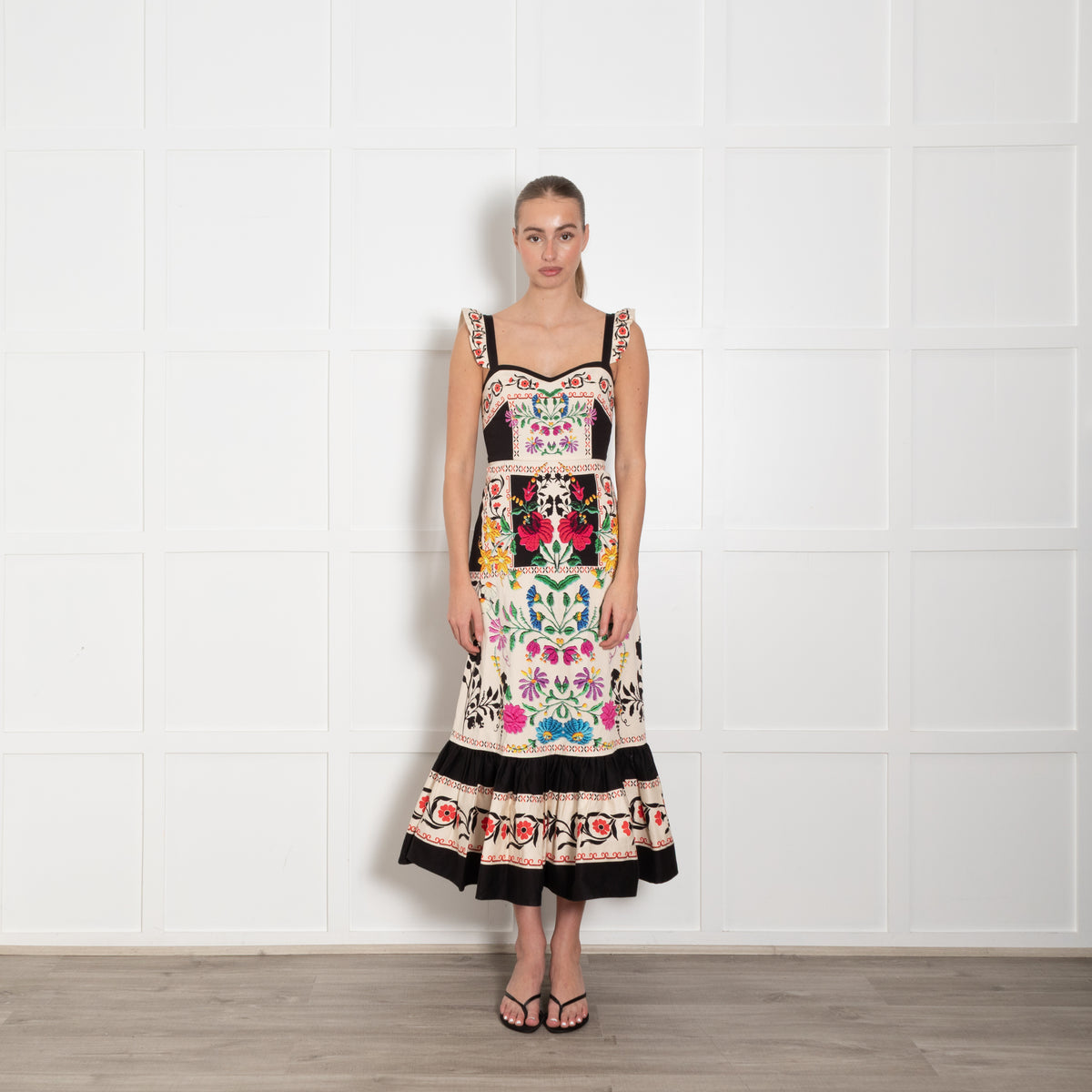 La Double J Cream Black Multi Floral Frill Detail Sleeveless Cotton Dress